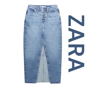 ZARA Denim Midi Skirt, Button Front, Front Slit, Size S.